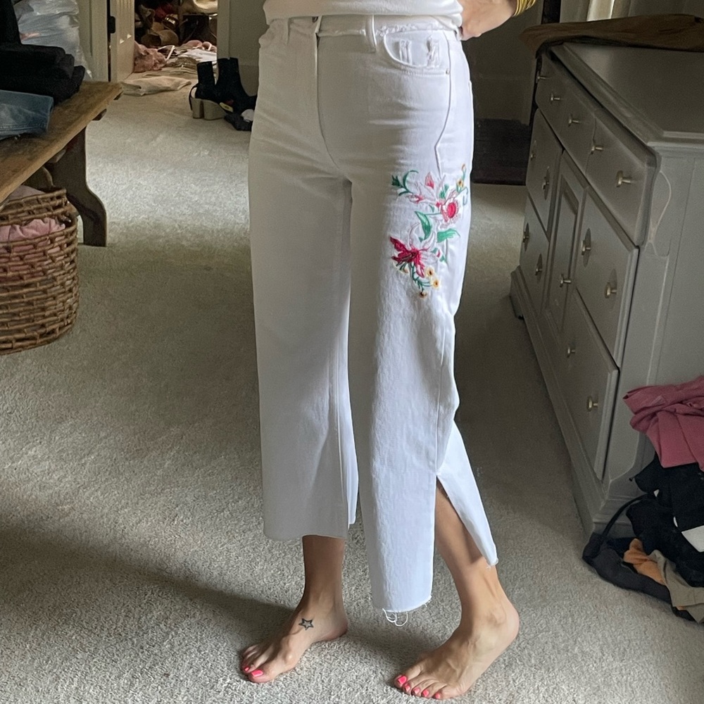 ZARA basic denim cropped embroidered jeans 00